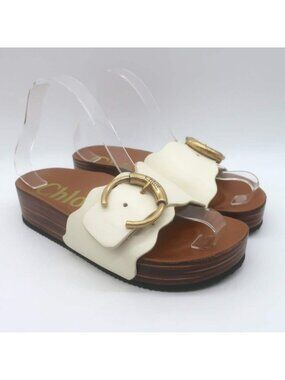 Chloe Lauren Buckled Flatform Slide Sandals Cream Leather Size 36